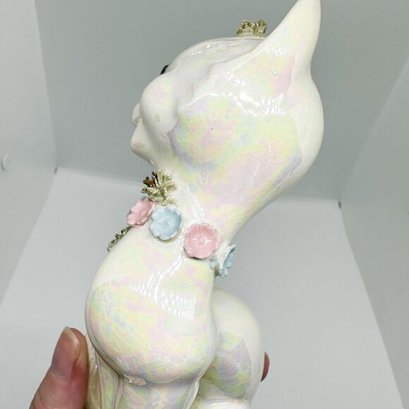 Vintage Lefton Luster Iridescent Cat Floral Flower Crown Pastel Rhinestone *FLAW - Picture 7 of 8